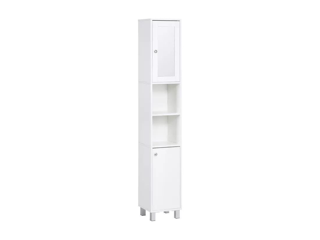 Meuble colonne de salle de bain 2 portes 2 étagères réglables 2 niches miroir piètement poignées métal panneaux blanc