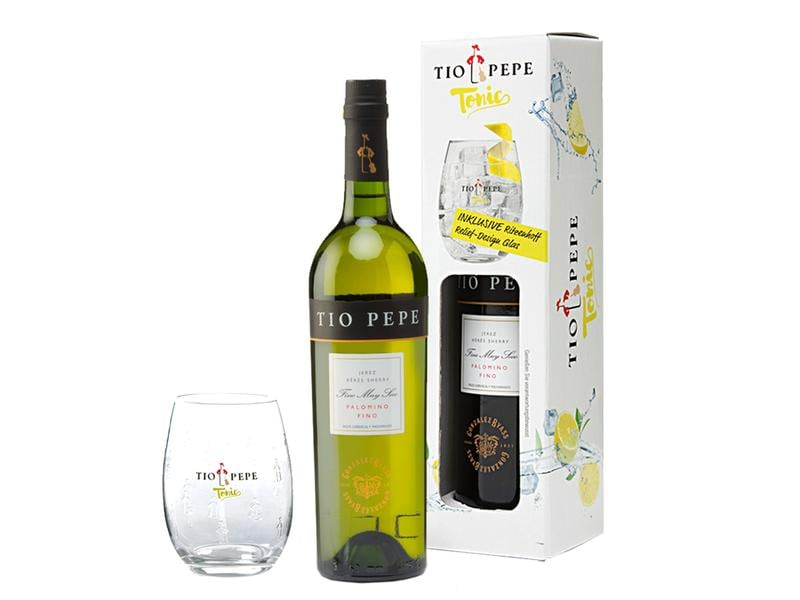 Gonzalez Byass Sherrys Tio Pepe Sherry mit Glas 0.75 l Trockener Sherry aus amerikanischen Eichenholzfässern