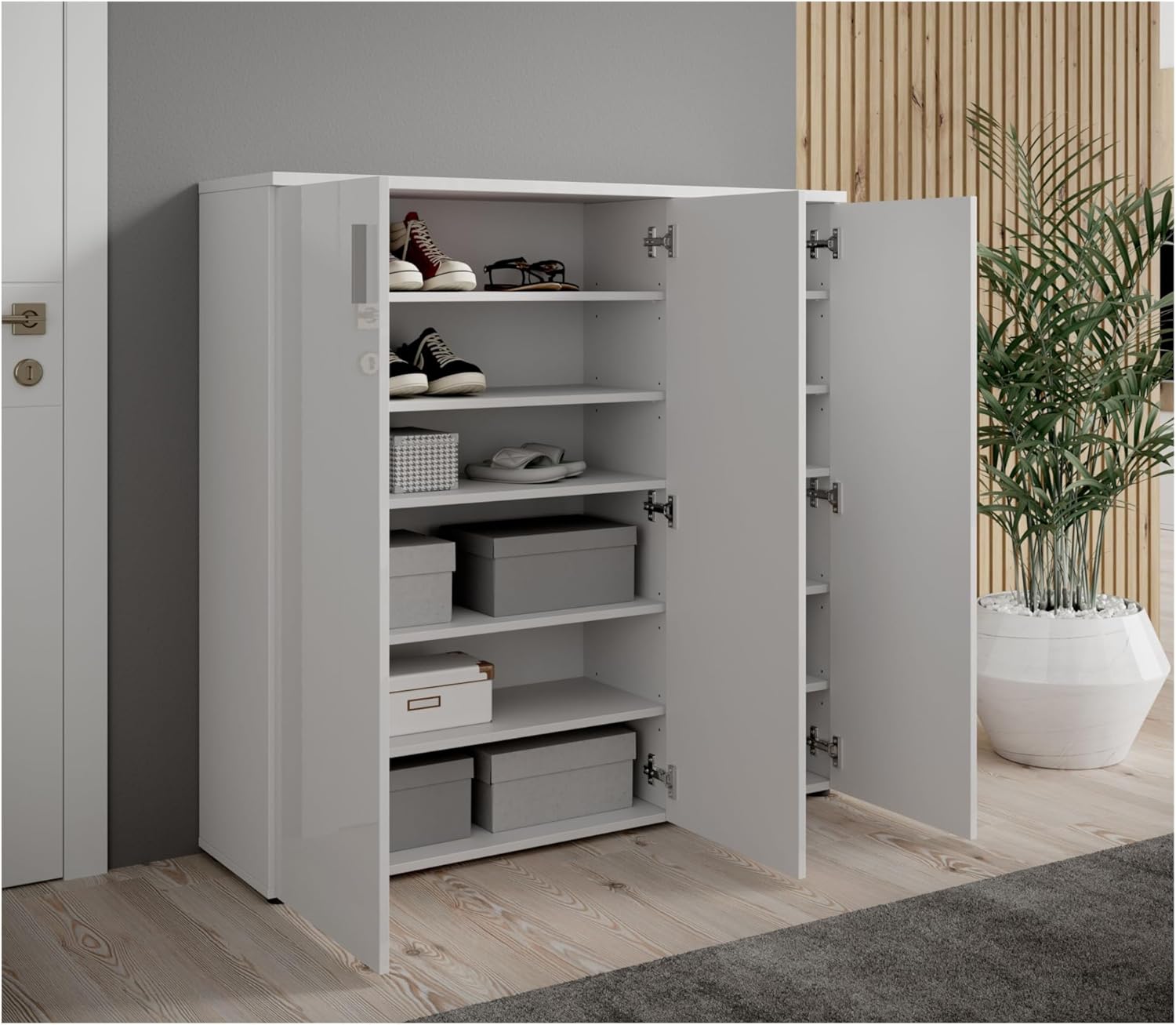 Stella Trading LINCOLN Schuhschrank, Weiß Hochglanz - Praktisches Schuhregal Schuhkommode zur platzsparenden Aufbewahrung von Schuhen - 120 x 120 x 35 cm (B/H/T)