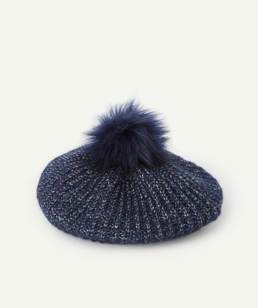 BÉRET TRICOT FILLE EN FIBRES RECYCLÉES BLEU MARINE ET PAILLETÉ AVEC POMPON