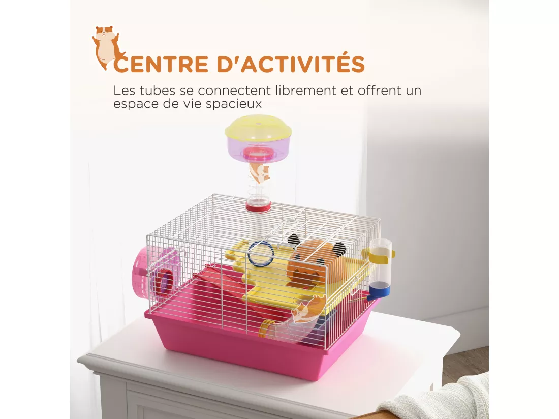Cage à hamster rat rongeur - plateforme, biberon eau, roue, maisonnette, tubes - acier blanc PP rose