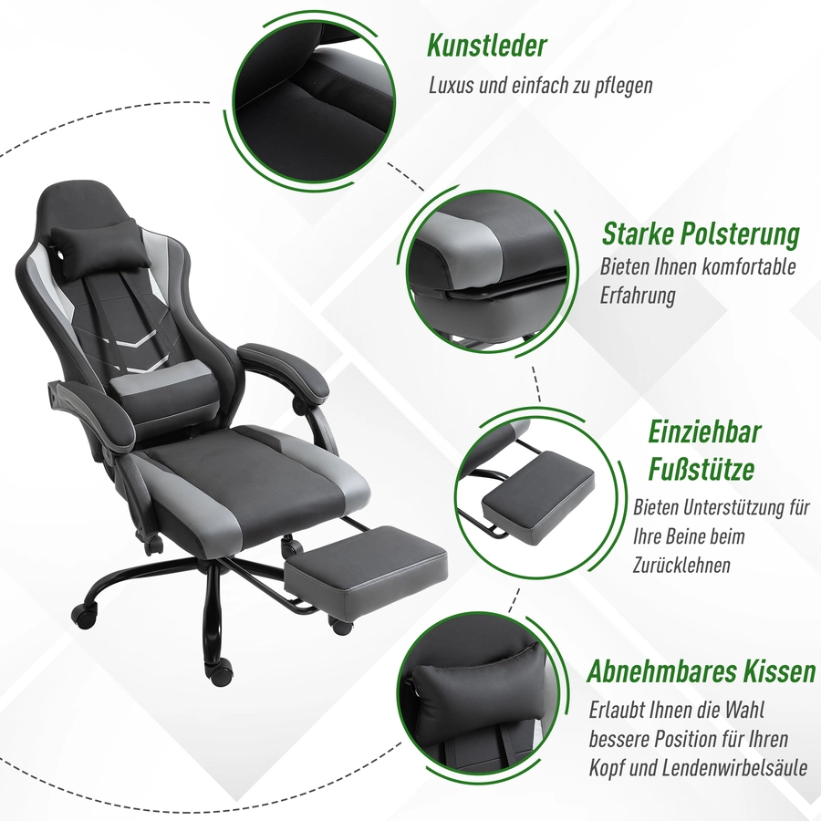 Vinsetto Gamingstuhl mit Fußstütze schwarz