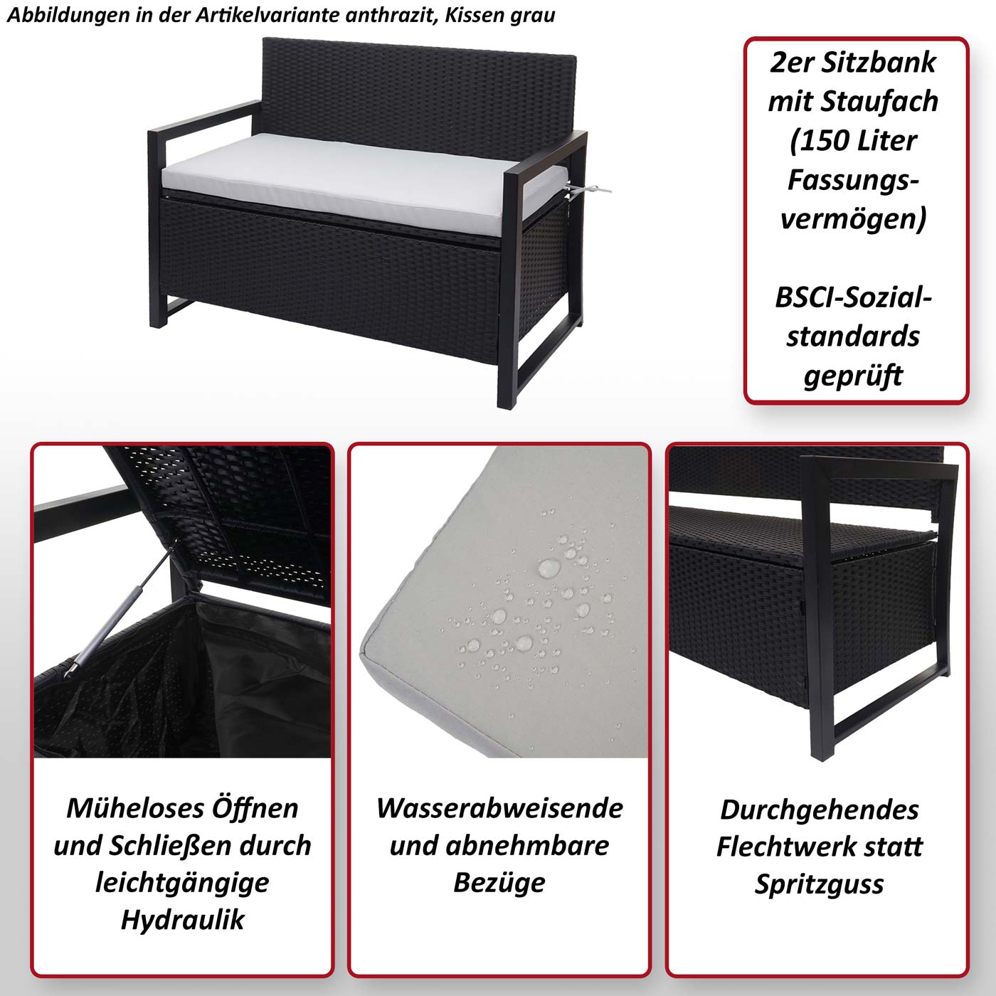 Poly-Rattan 2er Sitzbank MCW-F39, Gartenbank Truhenbank, Staufach Aufbewahrung Sitzkissen ~ braun, Kissen grün