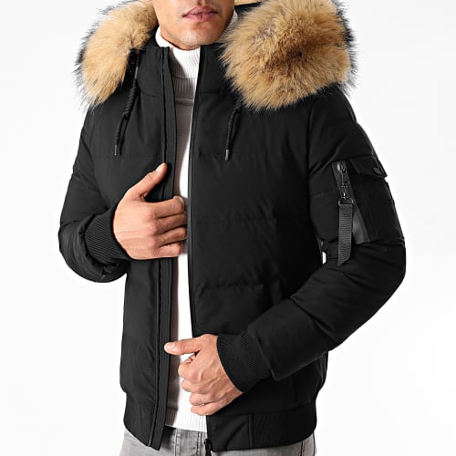 Doudoune Capuche Poche Bomber Avec Fourrure Noir Beige