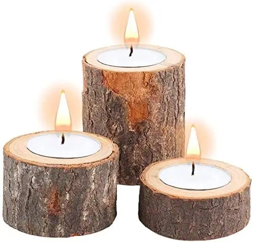 (3er Set) Holz Teelicht Halter Home Deko Accessoire Baumstamm Kerzen Ständer