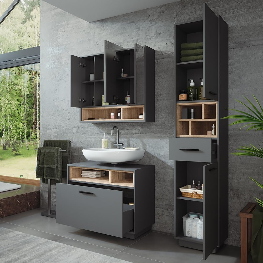 Vicco Badmöbel-Set Anthrazit/Sonoma Beatrice, bestehend aus Bad Spiegelschrank, Waschbeckenunterschrank, Hochschrank - Harmonische Kombination für EIN stimmiges Bild