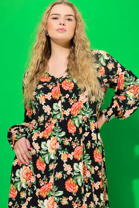 Kleid, A-Line, Flower Print, Langarm, schwarz