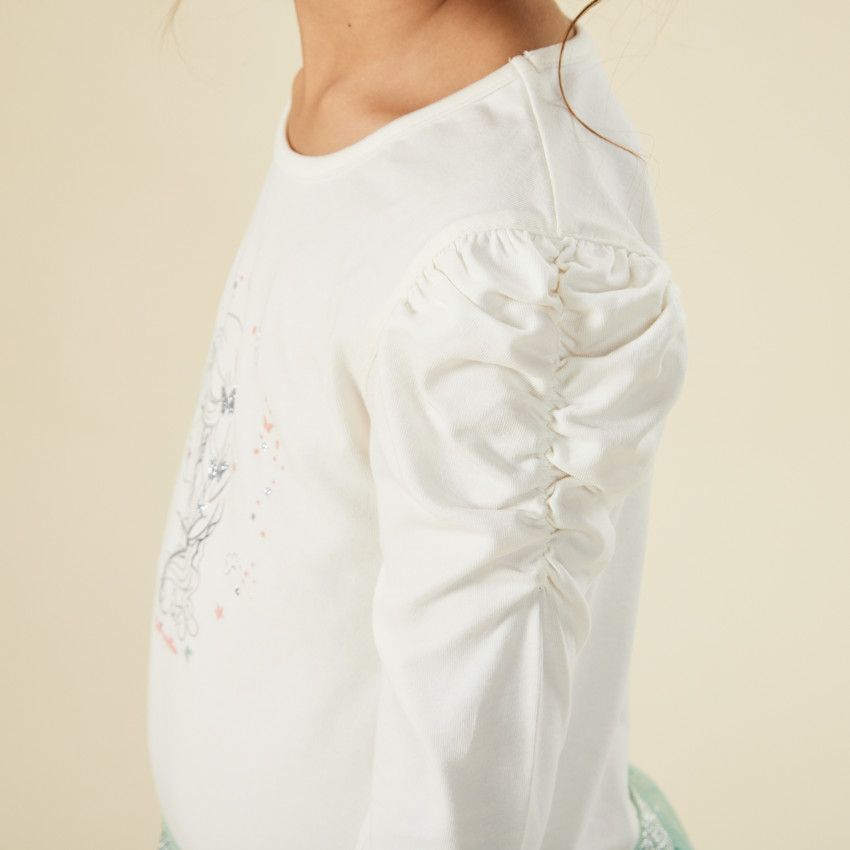 Robe bi-matière effet 2 en 1 avec tulle étoilé pour fille - Ecru