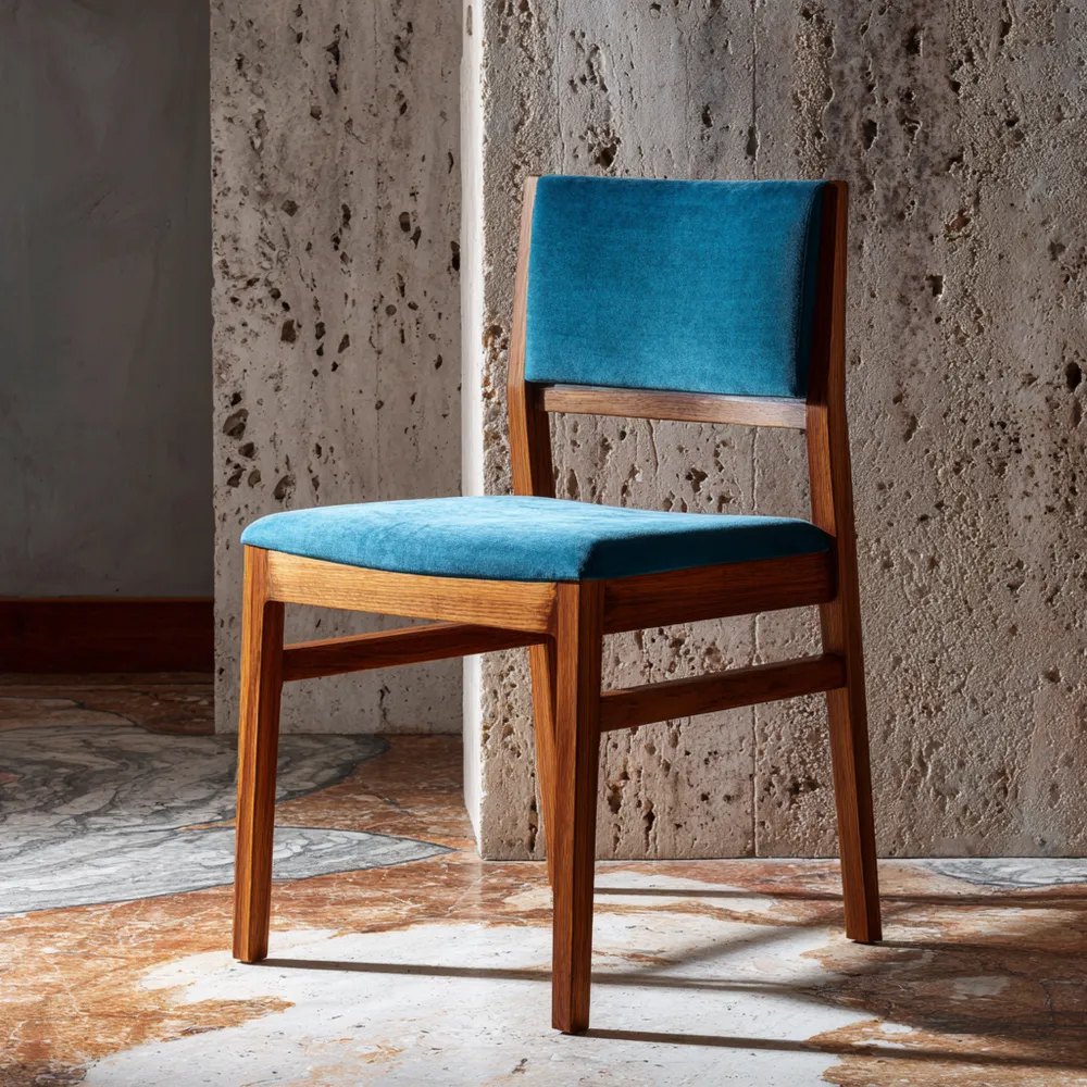 Esszimmerstuhl Massivholz-Samt 45x50x85 cm - Blau - Retro Design