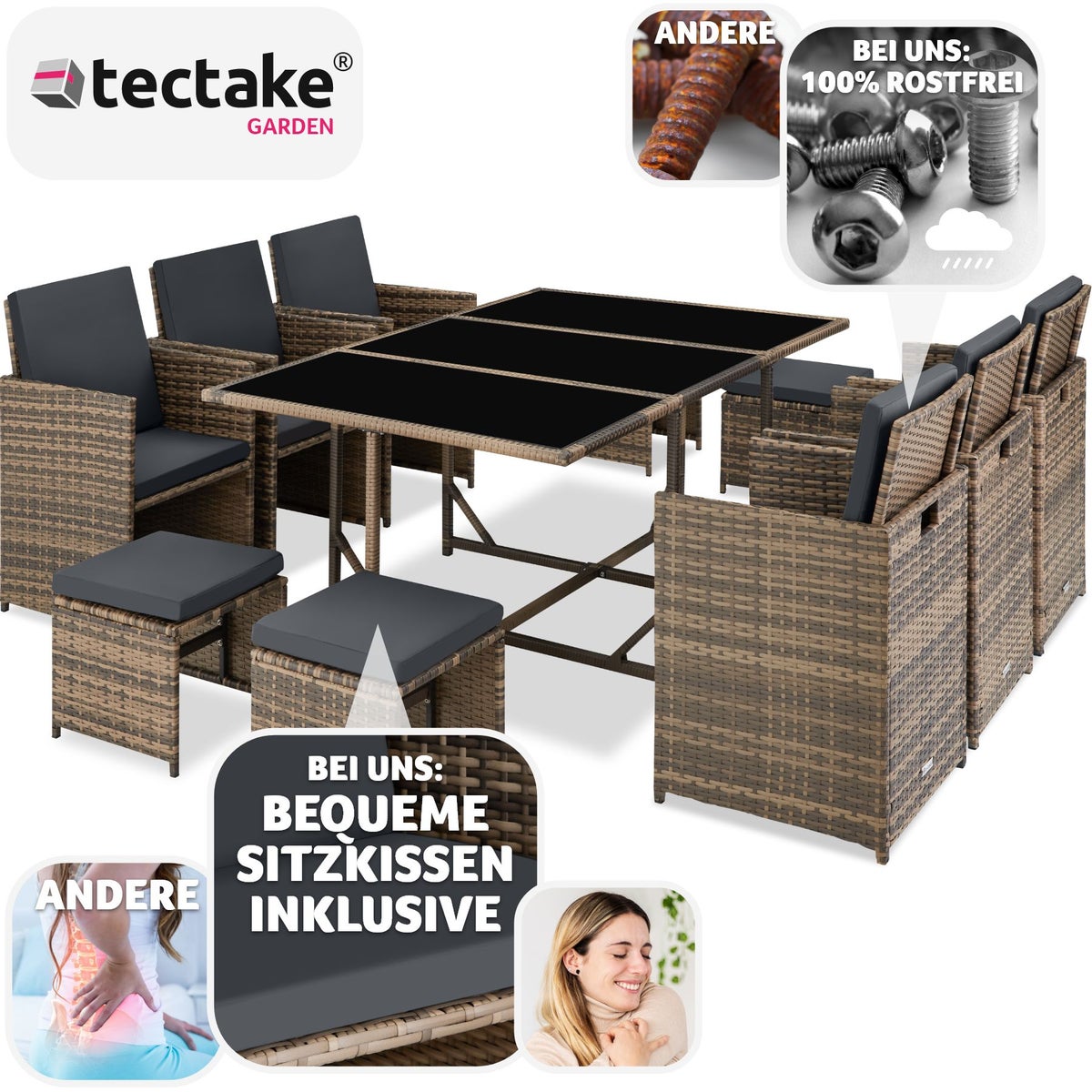 tectake Malaga rotan zitgroep voor 6 tot 10 personen, inklapbaar, inclusief beschermhoes