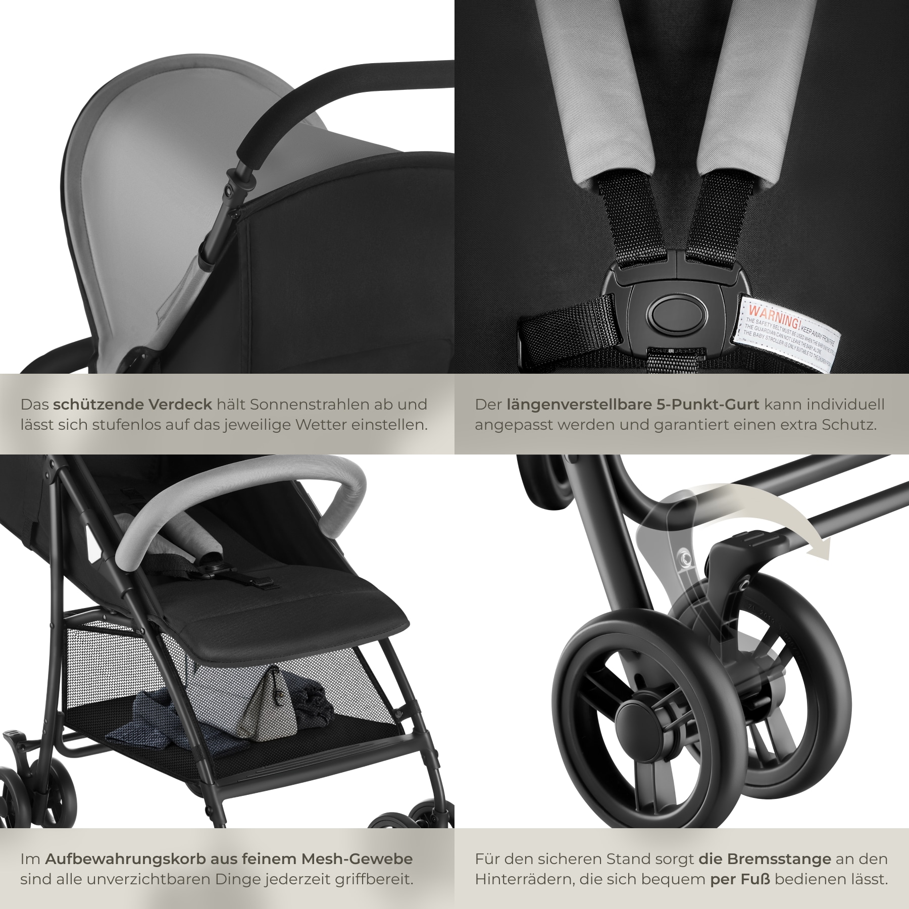 tectake® Buggy-Kinderwagen, klappbar, mit 5-Punkt-Gurt, Bremse und Schutzbügel, pulverbeschichtetes Stahlgestell und pflegeleichter Polyesterbezug, für 0 bis 36 Monate geeignet, Belastbarkeit 15 kg