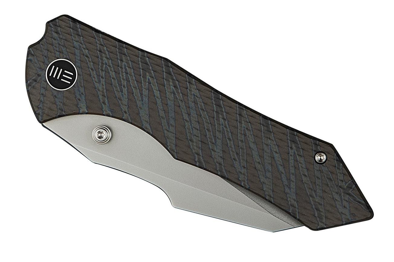 WE Knife High-Fin XL WE24010-4 Bead Blasted CPM 20CV, Diamond Tiger Stripe Patterned Flamed Titanium, zakmes
