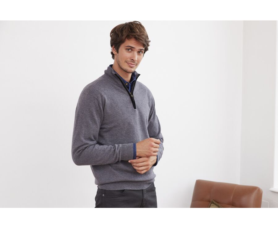 Pull col zippé homme laine Gris Moyen Chiné - KEITHY
