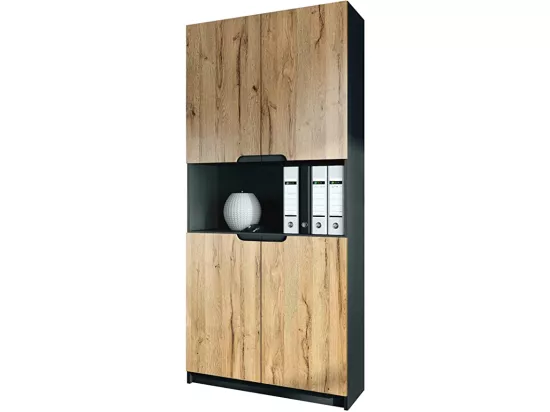 Armoire de rangement avec 5 compartiments et 4 portes, noir mat/chêne nature (82 x 184 x 37 cm)