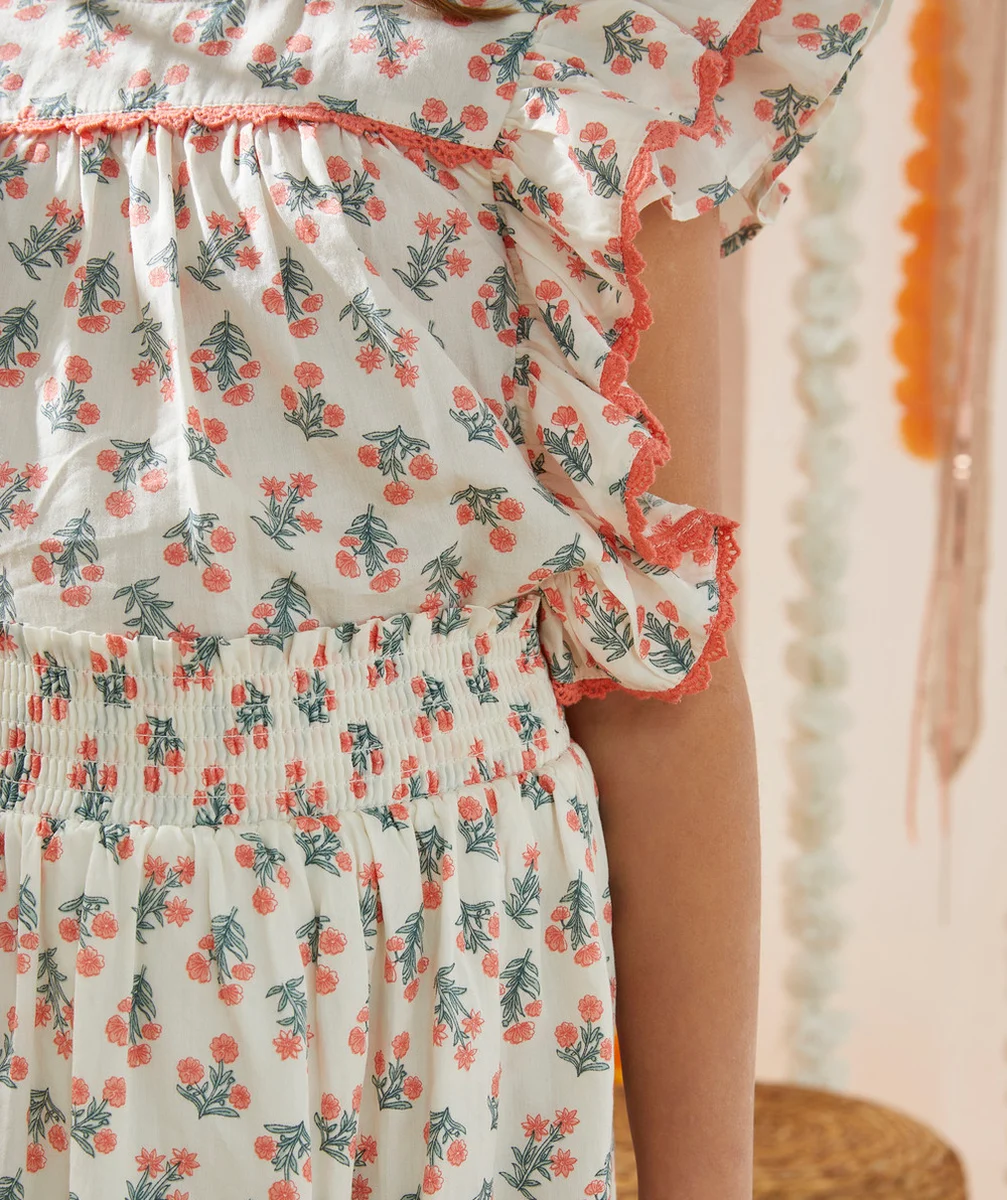 CHEMISIER À VOLANTS FILLE BLANC ET IMPRIMÉ FLEURS