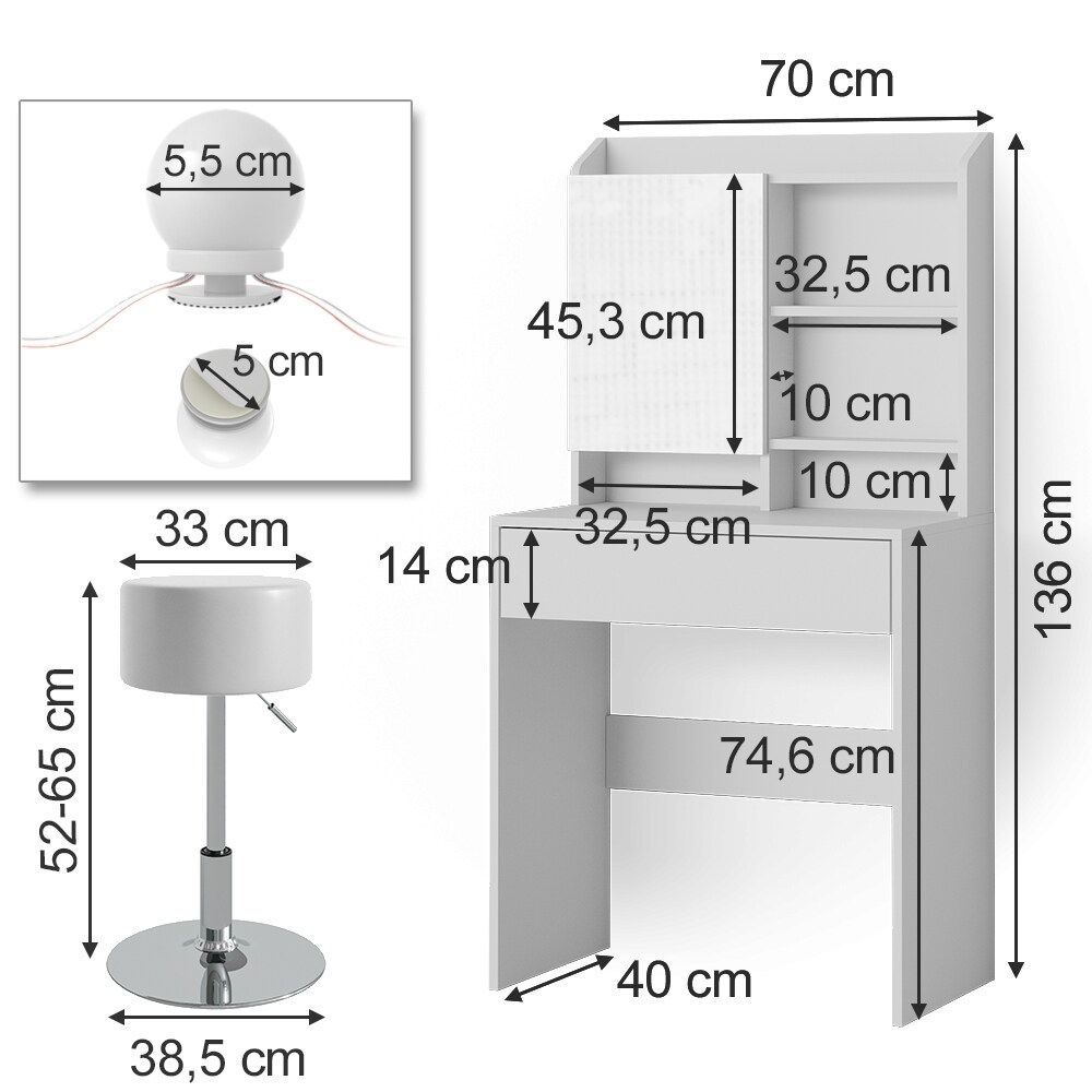 Vicco Schminktisch Frisiertisch Frisierkommode Laura Weiß LED Hocker 70x136 cm Spiegelschrank modern Schlafzimmer Kommode Schminkspiegel Schrank Schublade Kosmetiktisch Make-Up-Tisch