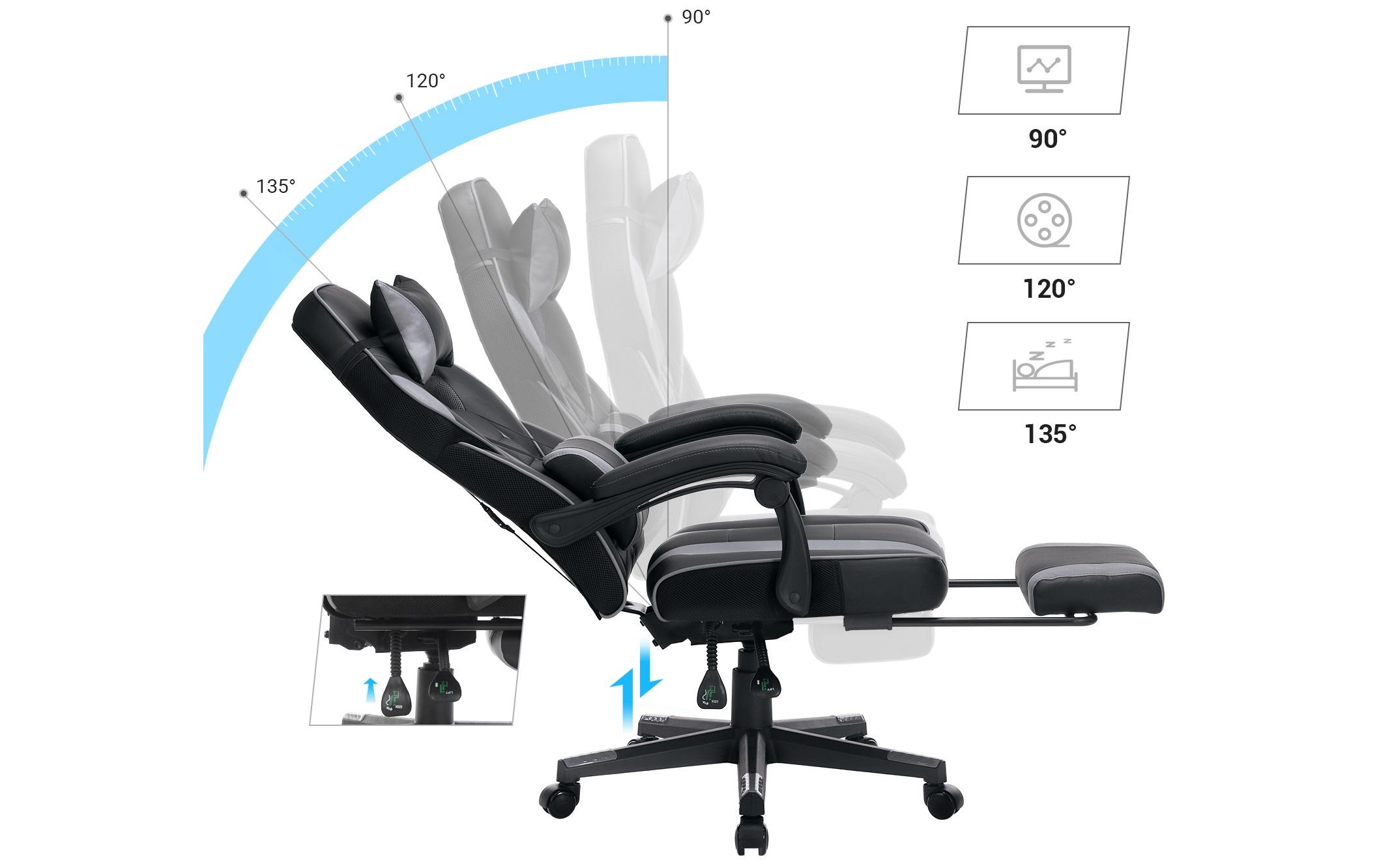 Bürostuhl mit neigbarer Rückenlehne, Schwarz / Grau<br>Ergonomischer Gamingstuhl