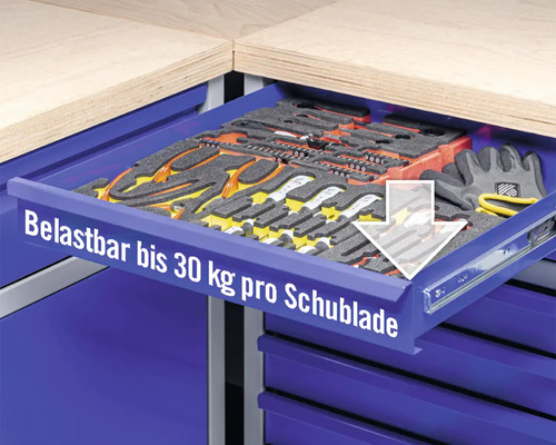 Industriële A 1.0 werkbank, 1180 x 880 x 700 mm, 2 deuren, 2 laden, grijs/blauw