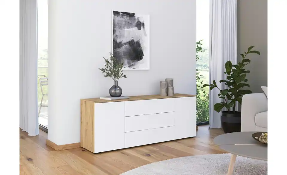 Sideboard Weiß, Eiche Artisan (Nachbildung) Weiß, Eiche Artisan (Nachbildung) Front: Dekor, Oberboden: Dekor Weiß