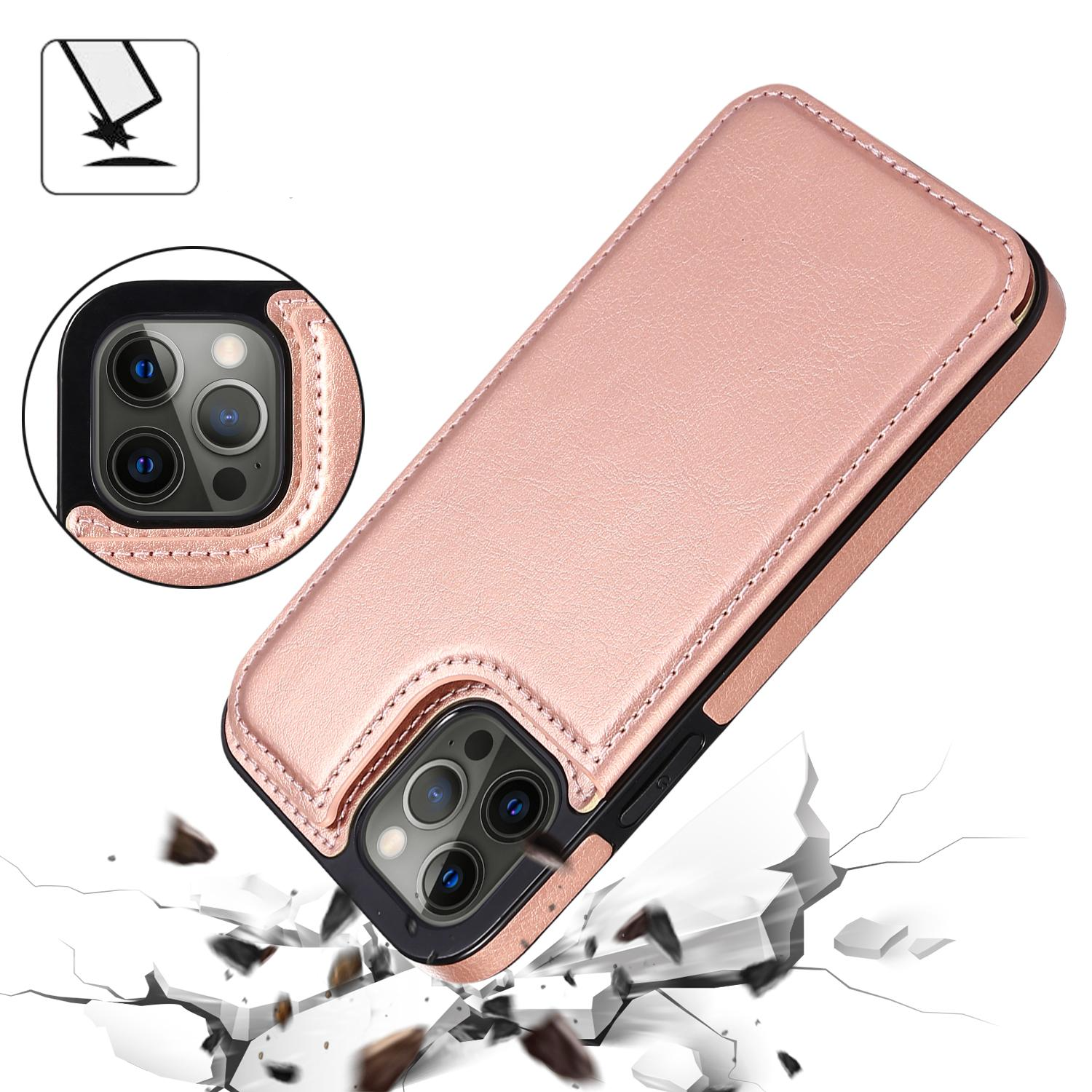 iPhone 14 Pro Max Hybrid Leder Hülle mit Kartenfach   Kickstand Aufsteller - Roségold