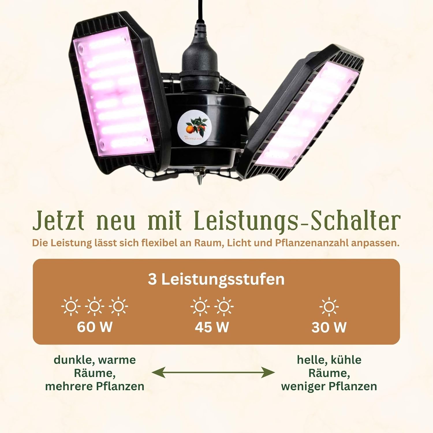 Meine Orangerie - LED-Pflanzenlampe FLEX [60W] - Vollspektrum LED Pflanzenleuchte zur Überwinterung von mediterranen Pflanzen - Entwickelt mit den Zitruspflanzen-Profis (LED Lampe)