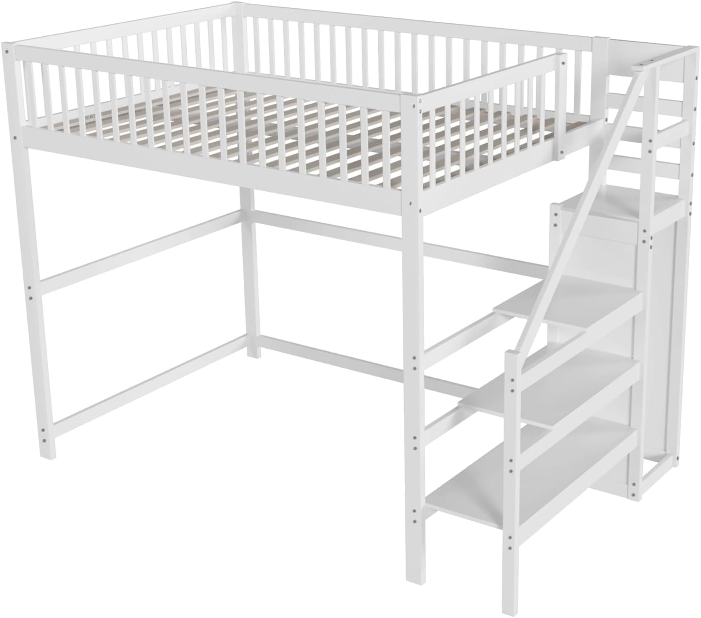 Merax Hochbett 1-Plätzig 140 x 200 cm, Multifunktionales Hochbett für Kinder mit Kleiderschrank und Treppe, Weiß (ohne Matratze)