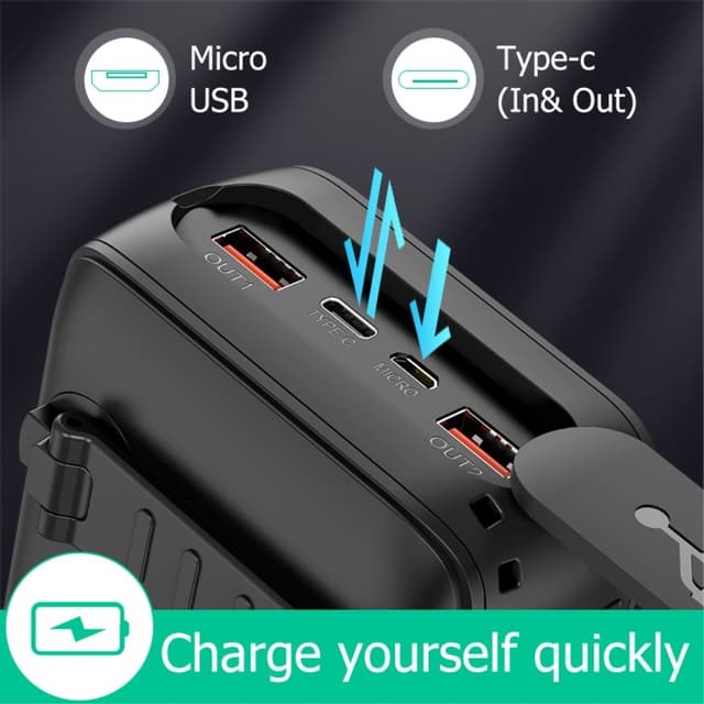 Håndsving 30000mAh Sol PowerBank Lightning/USB-C/Mikrokabel