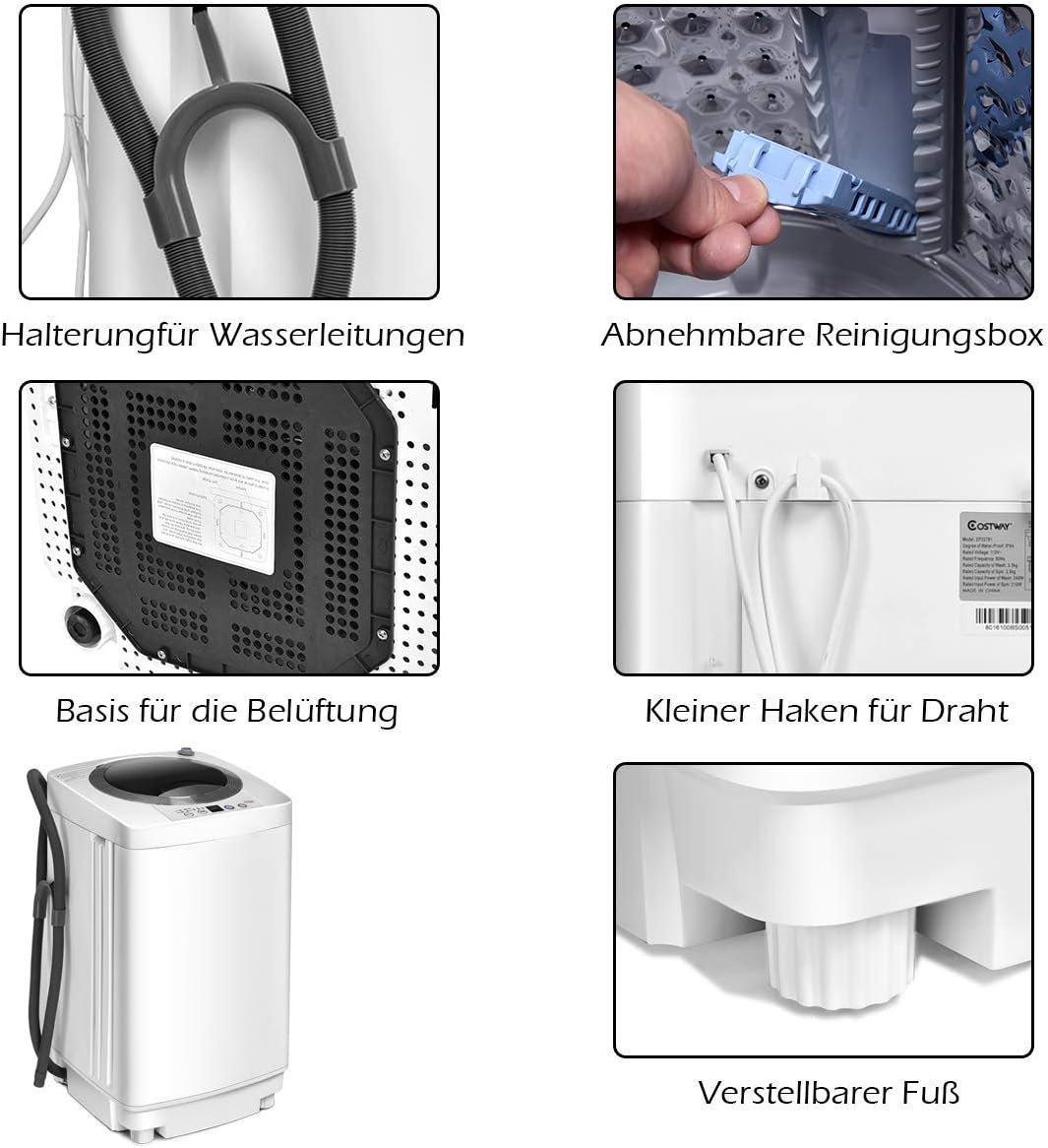 FANTASK Waschmaschine Vollautomat3,5KG, Miniwaschmaschine mit Schleuder, 6 Programme, 240W Toplader Waschvollautomat mit Pumpe für Appartement, Wohnmobil & Camping