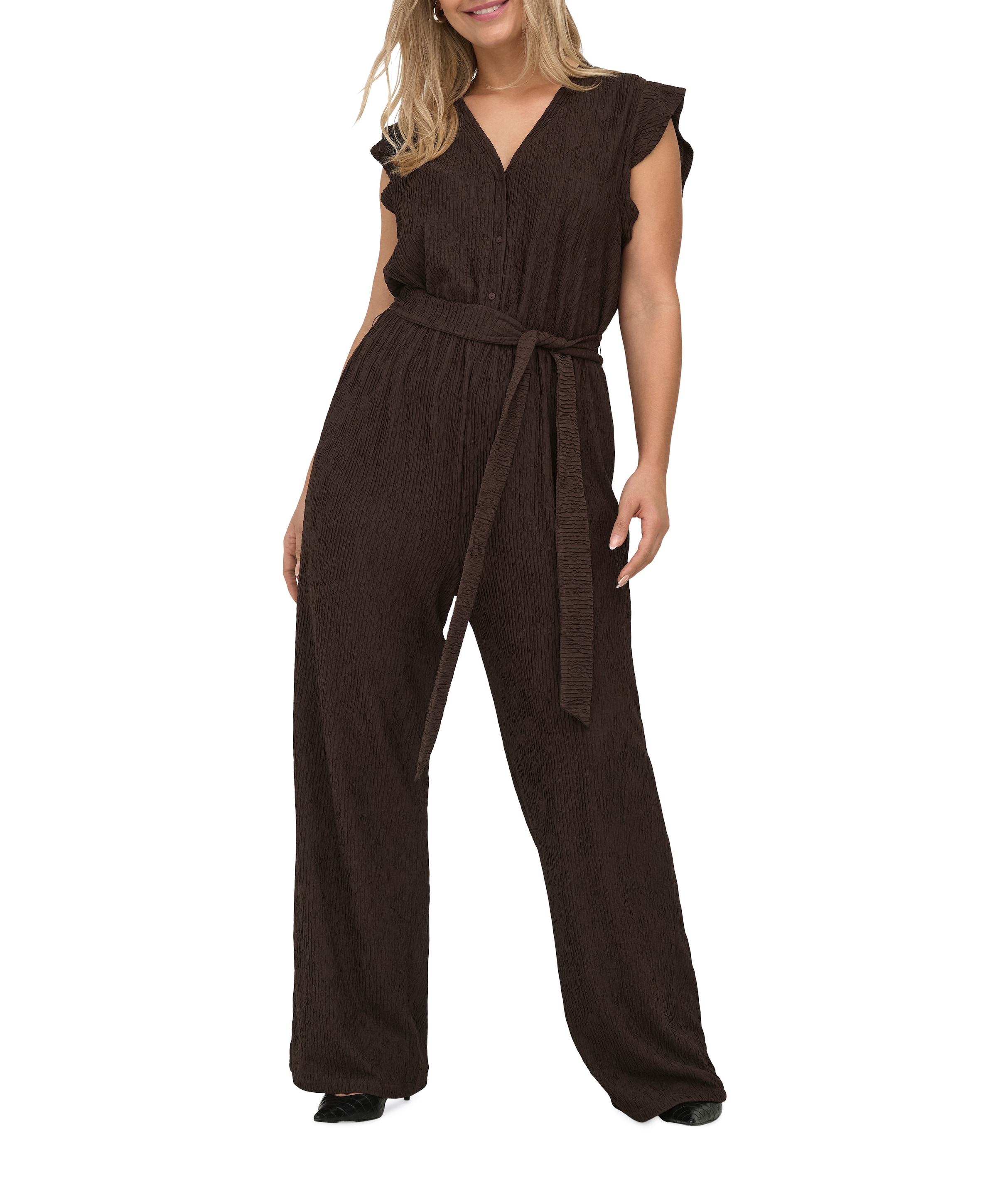 Only Carmakoma CARREINA SS FRIL VNECK JRS dames jumpsuit bruin
