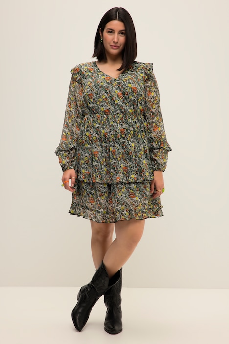 Minikleid, A-Line, Paisley Print, V-Ausschnitt, Volants