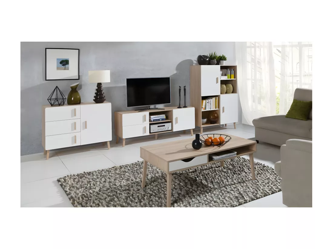 Petit buffet OSLO - Style scandinave - Coloris chêne et blanc - 100 x 78 x 40 cm
