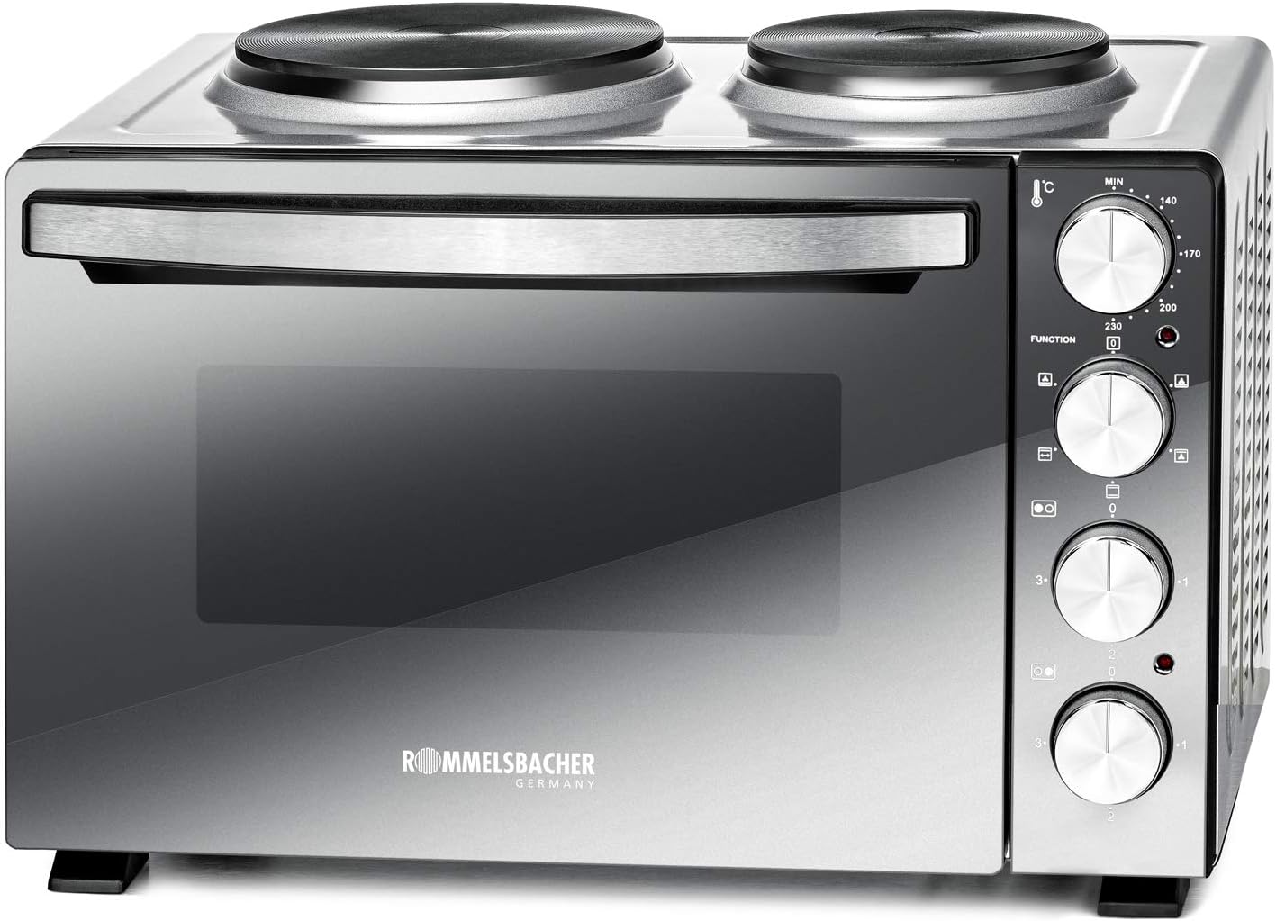 ROMMELSBACHER KLEINKÜCHE KM 3300-2 Gussheizplatten, 30 Liter Backraum, Oberhitze, Unterhitze, Umluft, Drehspieß, 3 Einschubebenen, Doppelverglasung, Spiegelglas-Front, 3250 Watt, silber/schwarz