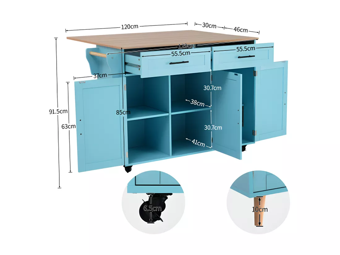 Chariot de buffet 129*76*91,5 cm avec plateau pliable, blanc + bleu
