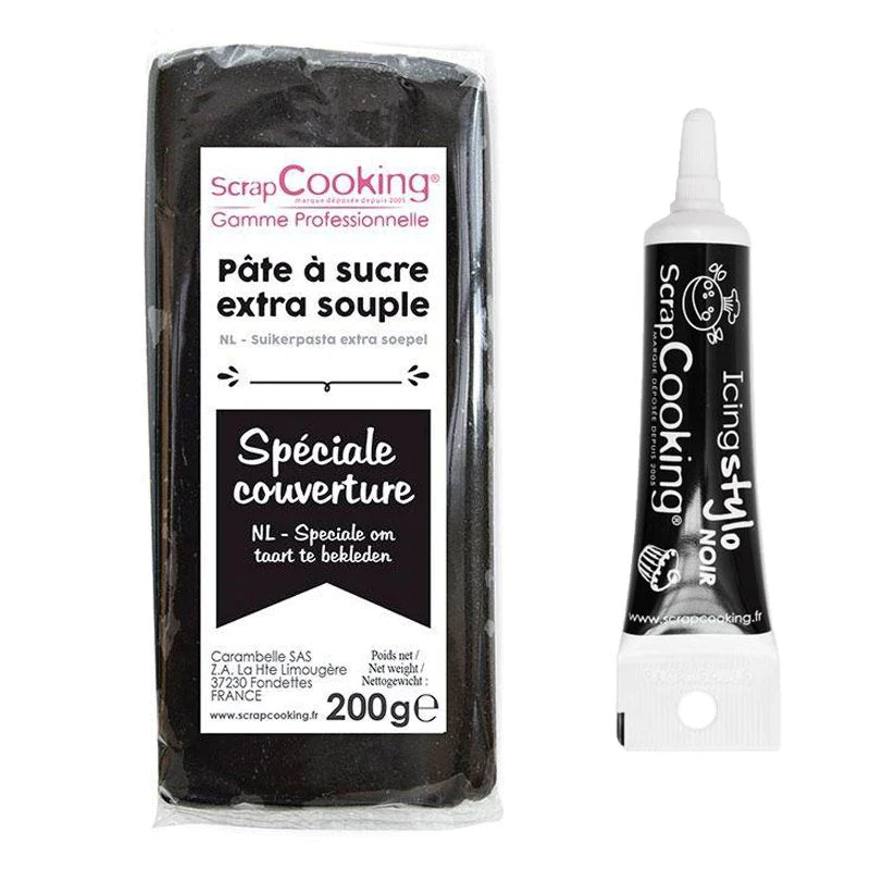 Pâte à sucre de couverture noire 200 g + Stylo de glaçage noir Scrapco