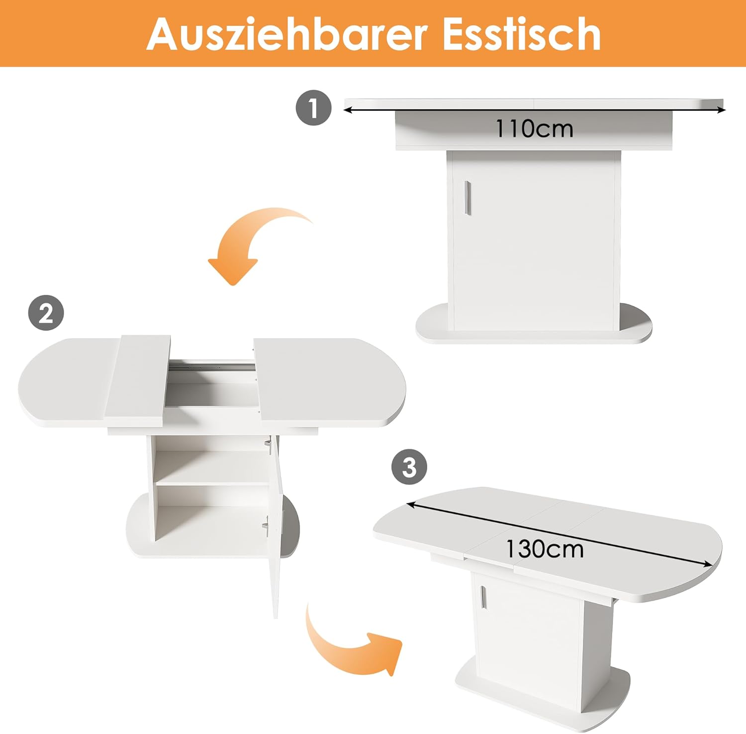 Esstisch Küchentisch Ovaler für 4-6 Personen, Esstisch Ausziehbar 110-130 x 70 cm, Esszimmertisch mit Stauraum Regal und Türen, Modern Tisch mit Tischplatte für Esszimmer Wohnzimmer (Weiß)