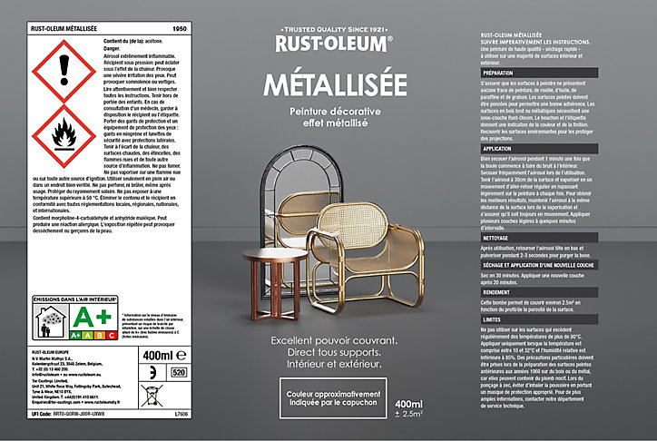 Peinture aérosol effet métallisé Rust-Oleum cuivre 400ml