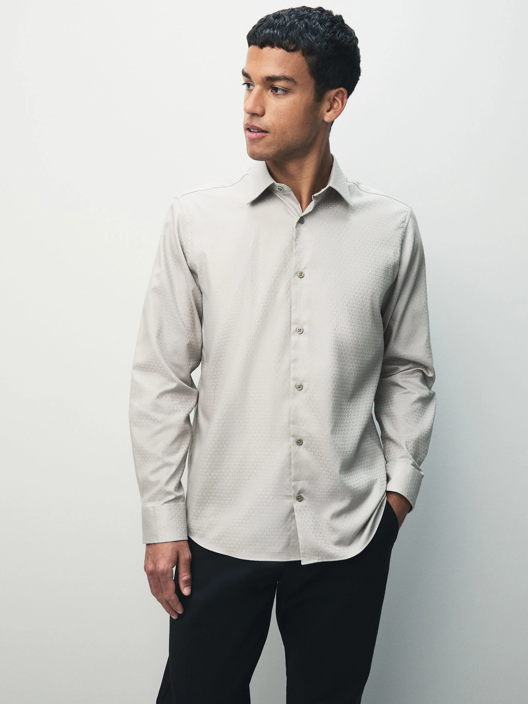 Neutral Monogram - Geometric Print Long Sleeve Smart Shirt