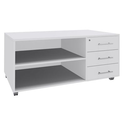 Console mobile LEVEL/STEELY/WOODY- L120 x H63 x P60 cm - 3 tiroirs - coté Blanc - finition façade et dessus Blanc perle