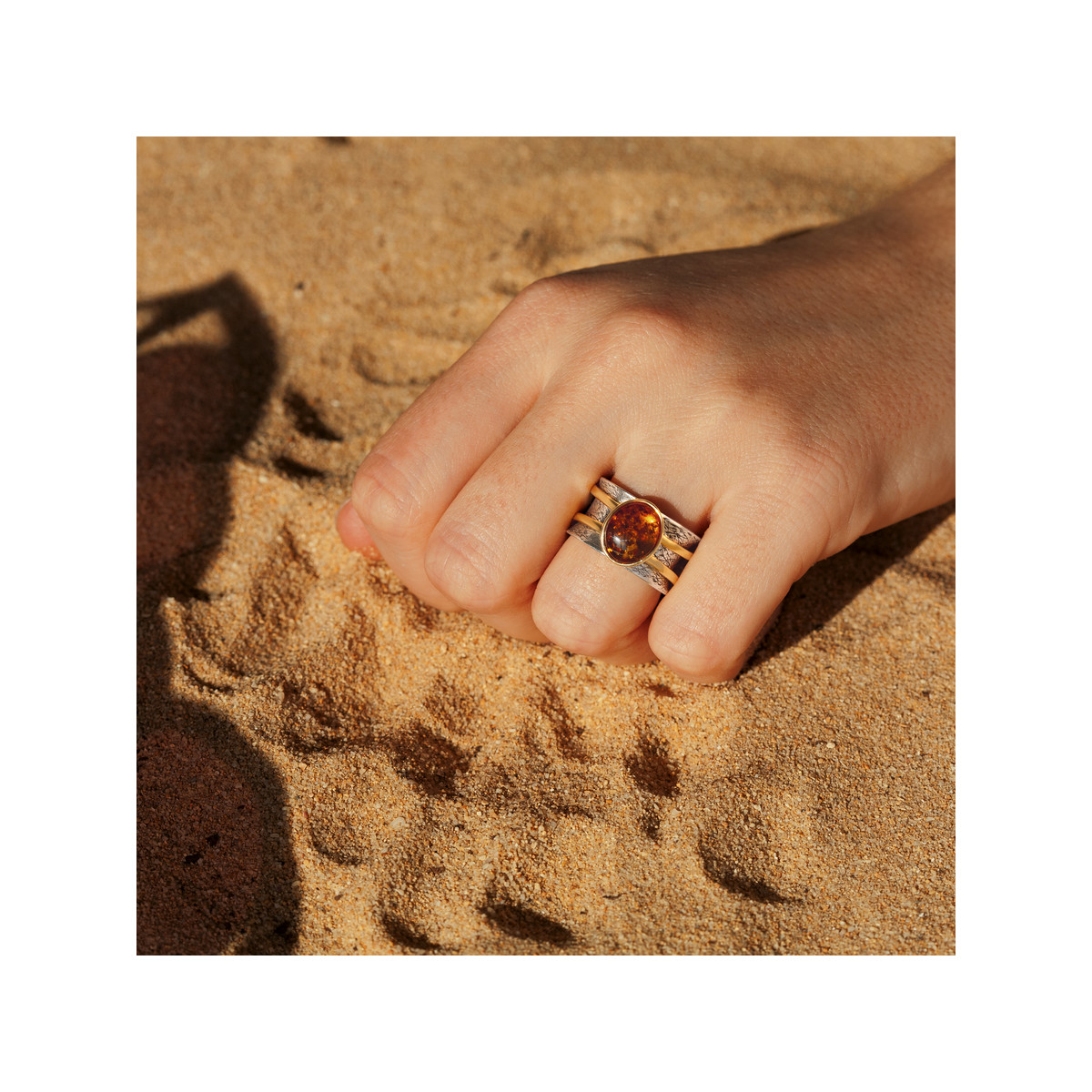 Bague argent 925 2 tons ambre ovale
