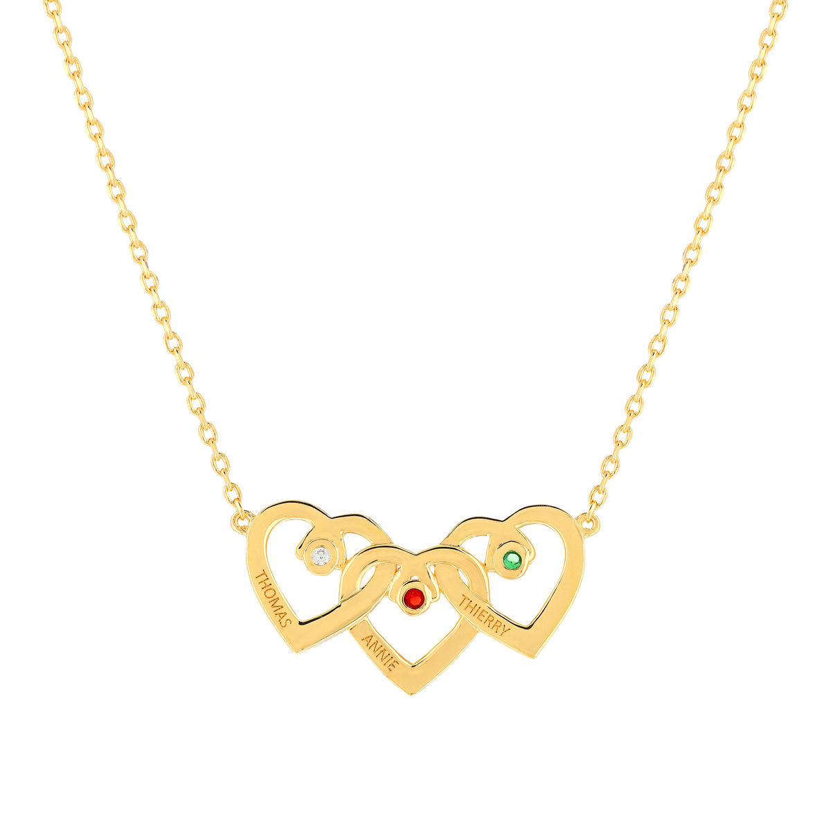 Collier plaqué or coeurs personnalisable zirconias rouge vert et blanc 44,5 cm