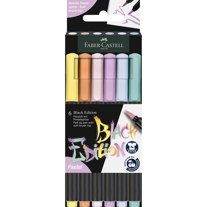 Faber-Castell Pinselstifte Black Edition, Pastell, 6 Stück, assortiert