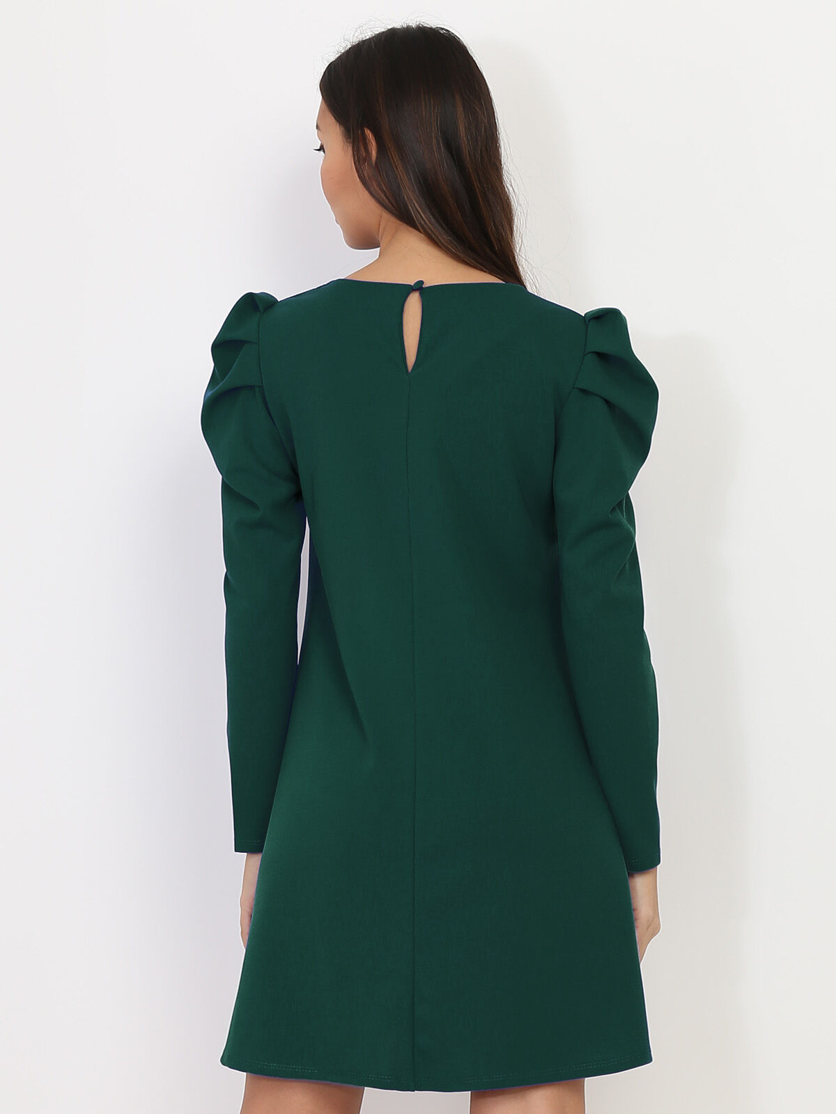 Robe droite à manches gigot- Vert foncé