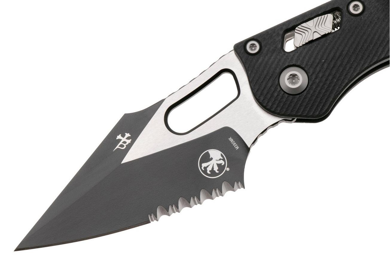 Microtech Stitch 169RL-2FLGTBK, Two Tone M390MK, Fluted Black G10 partial serrated zakmes, Borka Blades design