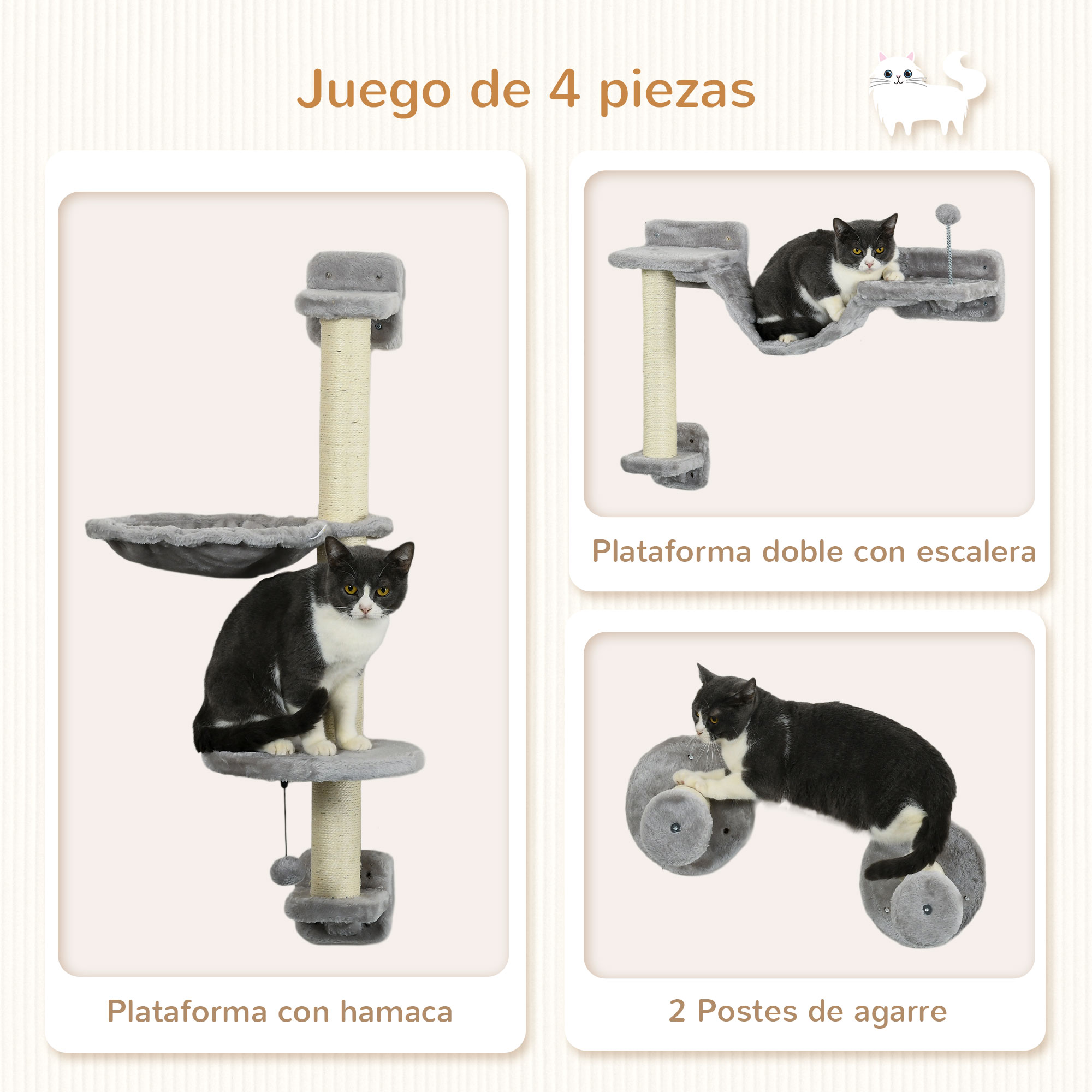 Conjunto de prateleiras de parede PawHut para gatos, com 4 peças, incluindo rede, plataformas de salto, poste de sisal e escada, 84,5 x 19 x 54 cm, cinza e bege.