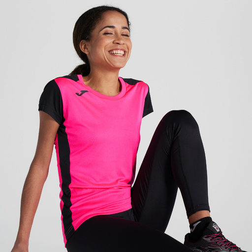 Camiseta Joma Record II Rosa Fluorescente Preta de Manga Curta