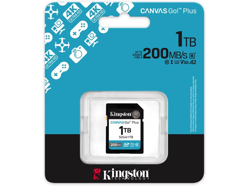 Kingston SDXC-Karte Canvas Go! Plus 1000 GB SD-Karte UHS-I U3, 200 MB/s / 160 MB/s, ‎Klasse 10