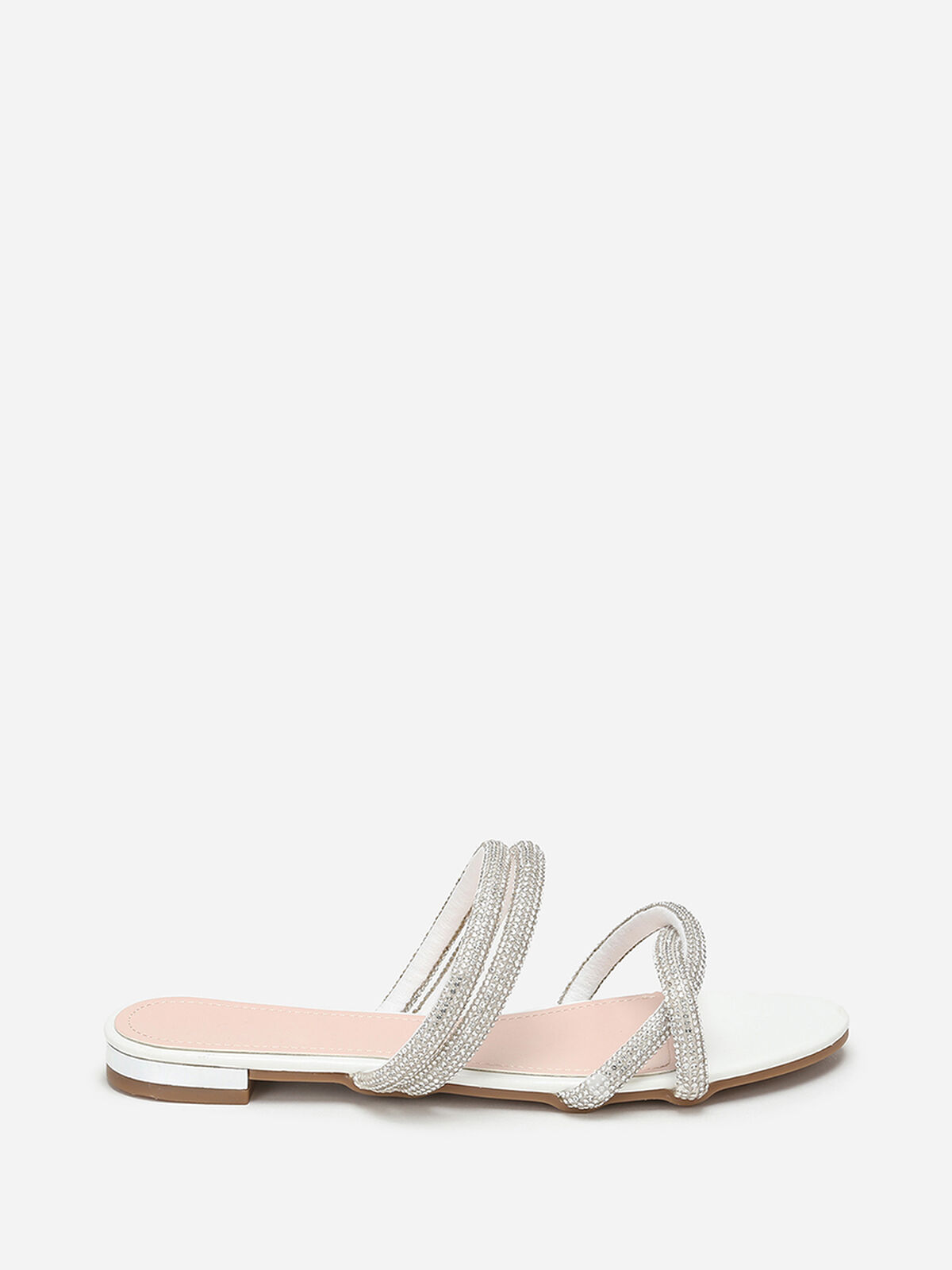 Mules plates à multi-brides en strass- Blanc