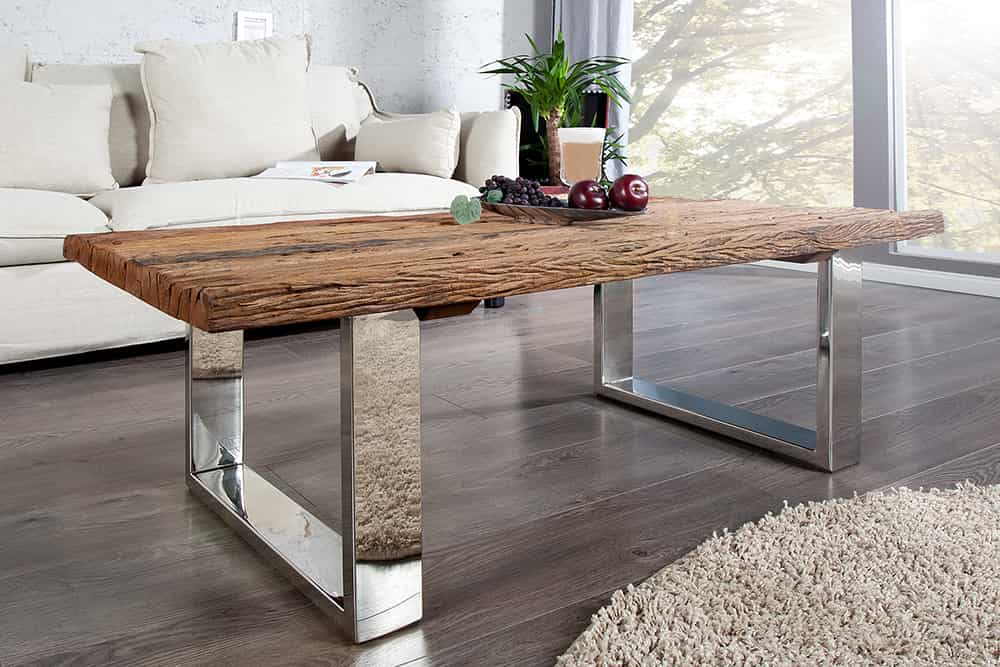 Eindrucksvoller Couchtisch BARRACUDA 110cm antik Teakholz mit Kufengestell und Glas
