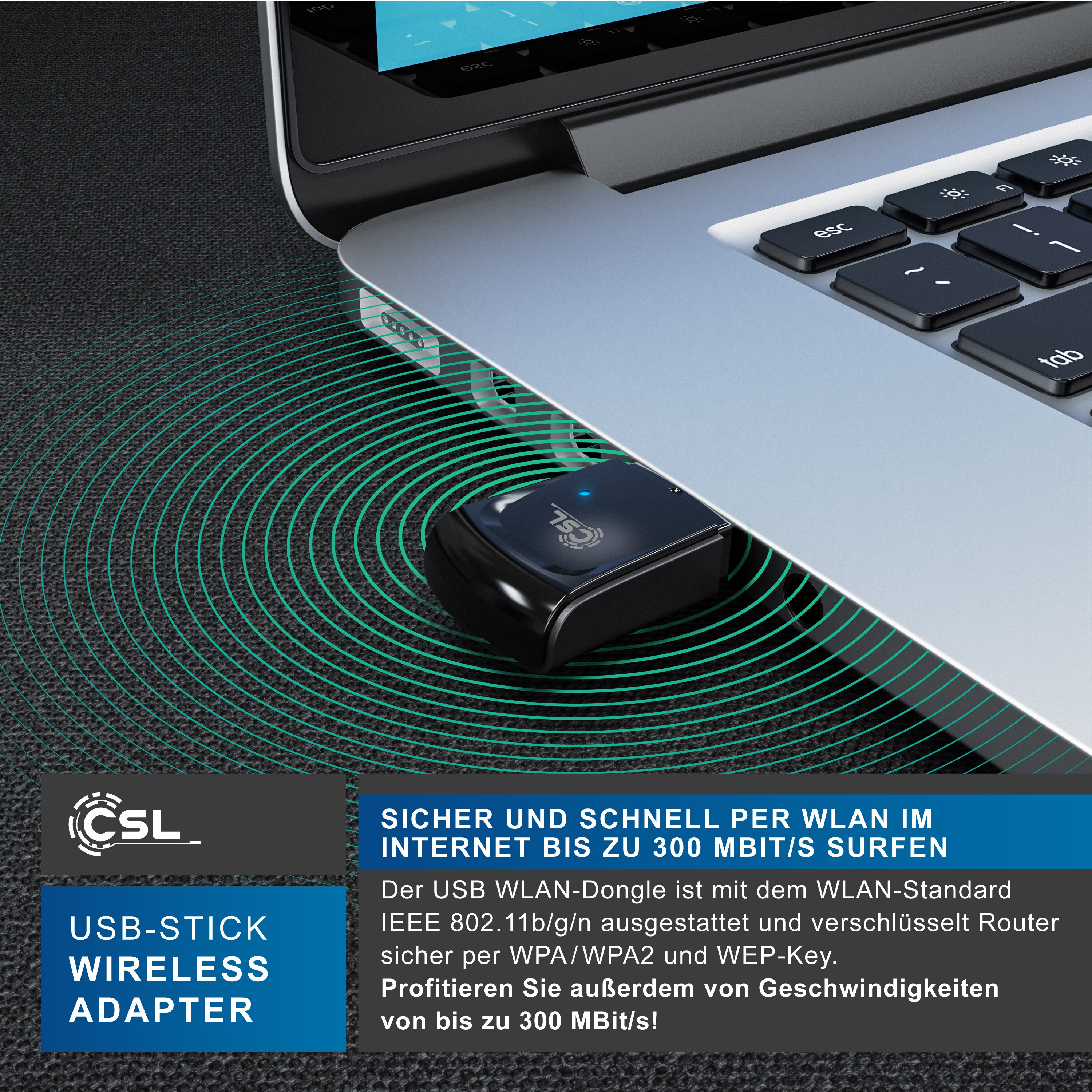 CSL WLAN 300 Mbit/s USB Stick Adapter - WiFi Adapter - Verschlüsselung WEP WPA WPA2 - 2,4 Ghz 2T2R - Verstärkung 18 dBm - für Windows 7 - 11