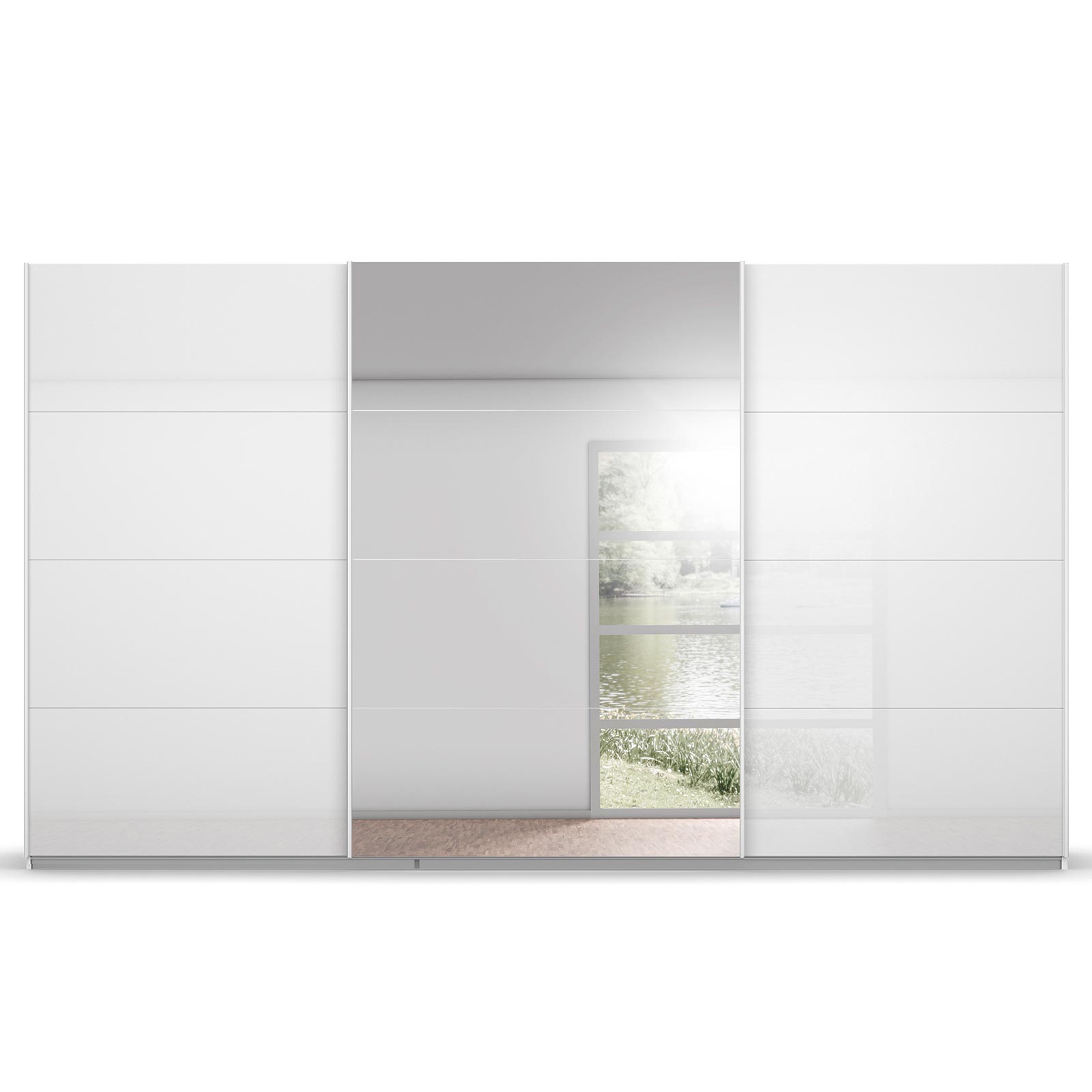 Schwebetürenschrank - weiß Hochglanz - mit Spiegel - 360x210 cm